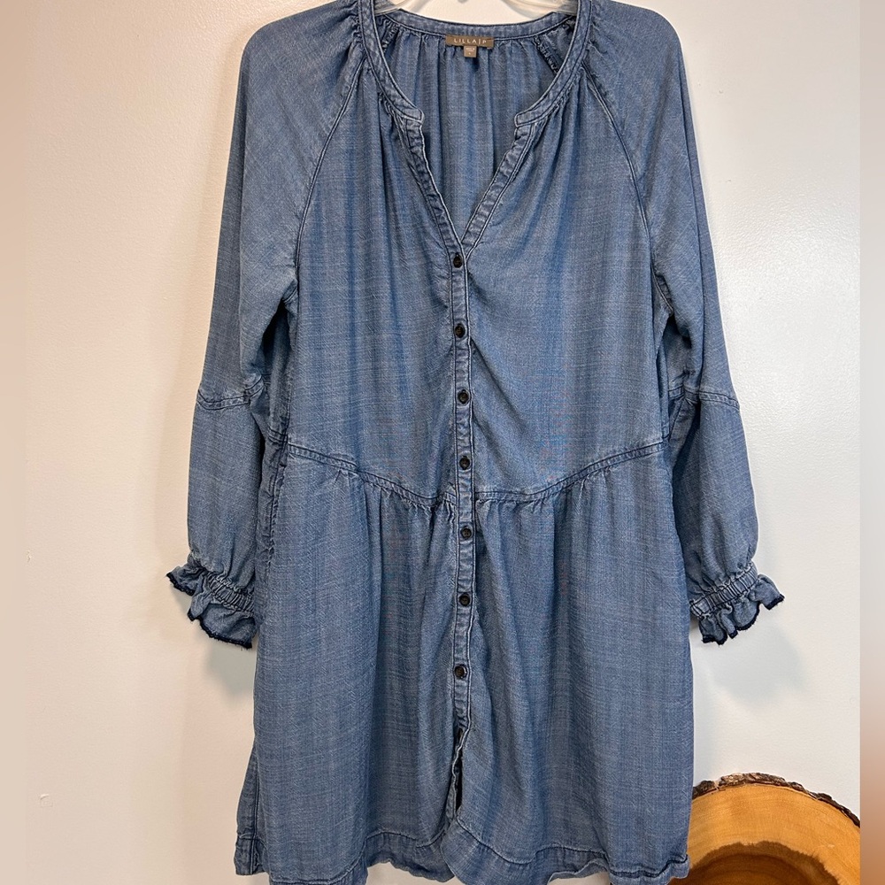 Lilla P Dress Chambray Denim Button‎ Down Long Sleeve Drop Waist Women’s Large